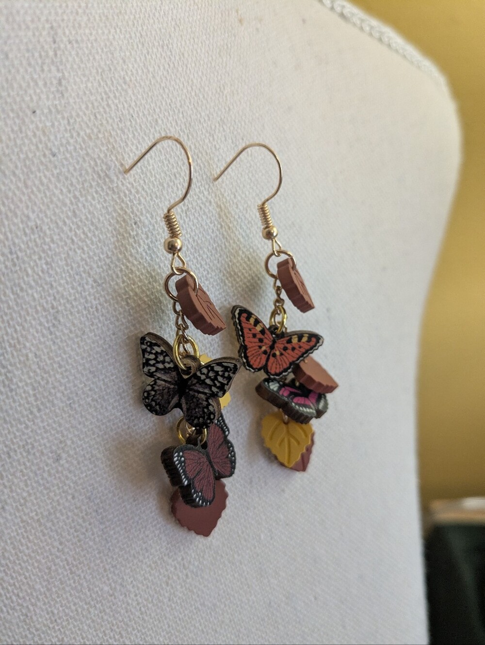 Butterfly Charm Drop Earrings in Pink and Yellow